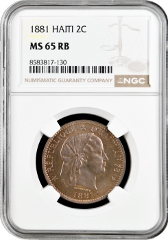Гаїті 2 сантими 1881 р., NGC MS65 RB, "Республіка Гаїті (1863 - 1985)"