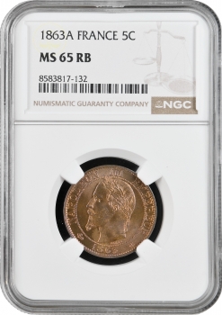 Франція 5 сантимів 1863 A, NGC MS65 RB, "Імператор Наполеон III (1852 - 1870)" Top Pop