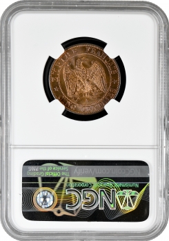 Франція 5 сантимів 1863 A, NGC MS65 RB, "Імператор Наполеон III (1852 - 1870)" Top Pop