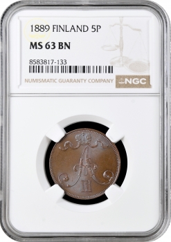 Фінляндія 5 Пені 1889 р., NGC MS63 BN, "Імператор Олександр III (1881 - 1894)"