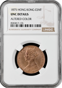 Гонконг 1 цент 1875, NGC UNC Det., "Королева Вікторія (1863 - 1901)"