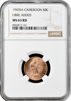 Камерун 50 сантимів 1943 SA, NGC MS63 RD, "Підопічна територія ООН (1924 - 1948)"