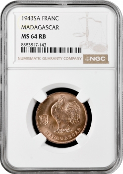 Мадагаскар 1 франк 1943 SA, NGC MS64 RB, "Заморська територія Франції (1943 - 1958)"