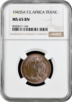 Французька Екваторіальна Африка 1 франк 1943 SA, NGC MS65 BN, "Колонія (1942 - 1958)" Top Pop 1/0