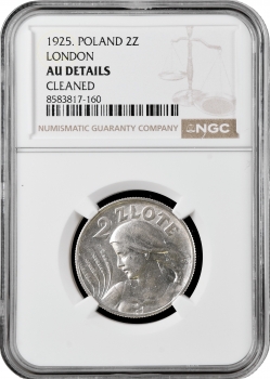 Польща 2 злотих 1925 р., NGC AU Det., "Друга Республіка (1919 - 1939)" LONDON