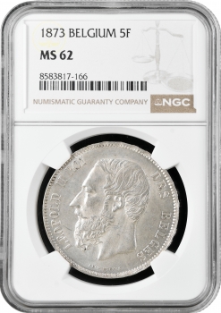 Бельгія 5 франків 1873, NGC MS62, "Король Леопольд II (1865 - 1909)"