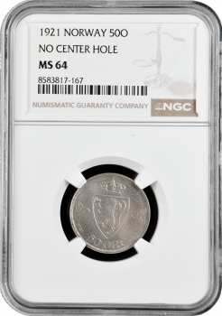 Норвегія 50 оре 1921 р., NGC MS64, "Король Хокон VII (1906 - 1957)" Top Pop