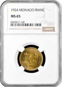 Монако 1 франк 1924, NGC MS65, "Князь Луї II (1922 - 1949)"