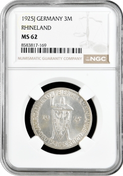 Веймарська Республіка 3 рейхсмарки 1925 J, NGC MS62, "Тисячоліття Рейнської області (Рейнланда)"
