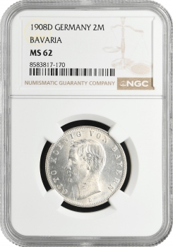 Баварія 2 марки 1908 р. D, NGC MS62, "Король Отто І (1886 - 1913)"