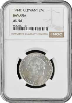Баварія 2 марки 1914 р. D, NGC AU58, "Король Людвіг ІІІ (1913 - 1918)"