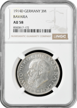 Баварія 3 марки 1914 р. D, NGC AU58, "Король Людвіг ІІІ (1913 - 1918)"