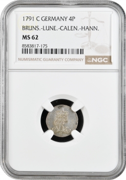 Брауншвейг-Люнебург 4 пфенігів 1791 C, NGC MS62, "Герцог Георг III (1760 - 1820)" Top Pop 1/0