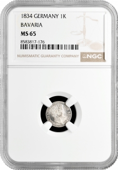 Баварія 1 крейцер 1834, NGC MS65, "Король Людвіг I (1825 - 1848)"