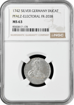Пфальц 1 дукат 1742 р., NGC MS63, "Весілля Карла Теодора та Єлизавети Августи" Top Pop 1/0