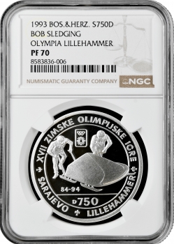 Боснія та Герцеговина 750 динарів 1993 р. PM, NGC PF70 UC, "Олімпіада - Бобслей" Top Pop 1/0