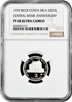 Коста-Ріка 2 колона 1970 р., NGC PF68 UC, "20 років центральному банку"