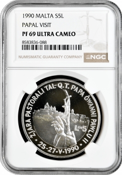 Мальта 5 лір 1990 р., NGC PF69 UC, "Візит Папи" Top Pop
