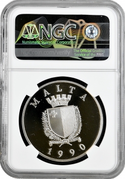 Мальта 5 лір 1990 р., NGC PF69 UC, "Візит Папи" Top Pop