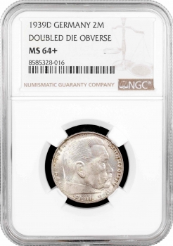 Німеччина - Третій рейх 2 рейхсмарки 1939 р. D, NGC MS6+, "Нацистська Німеччина (1933 - 1945)" Top Pop 1/0