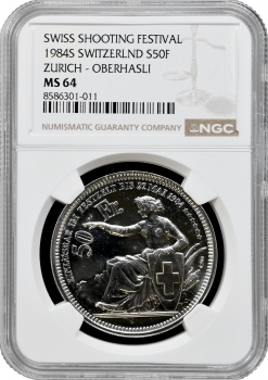 Швейцарія 50 франків 1984 р., NGC MS64, "Стрілковий фестиваль в Оберхаслі"