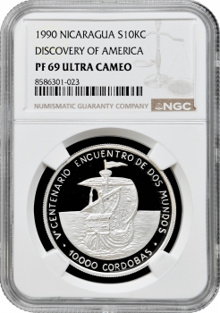 Нікарагуа 10000 кордоб 1989 р., NGC PF69 UC, "Відкриття Нікарагуа Колумбом" Top Pop