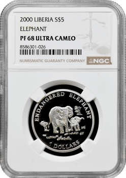 Ліберія 5 доларів 2000 р., NGC PF68 UC, "Слони під загрозою знищення" Top Pop