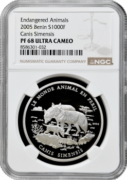Бенін 1000 франків 2005 р., NGC PF68 UC, "Вимираючі види - Ефіопський вовк (Canis simensis)"