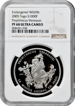 Того 1000 франків 2005 р., NGC PF68 UC, "Зникає вид дикої природи - Propithecus Verreauxi"