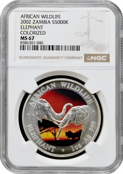 Замбія 5000 квач 2002 р., NGC MS67, "Дика природа Африки - Слони" кольорова
