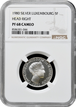 Люксембург 5 франків 1980 р., NGC PF68 CAM, "Велика герцогиня Шарлотта" Top Pop