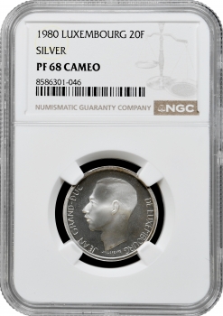 Люксембург 20 франків 1980, NGC PF68 CAM, "Великий герцог Жан (1964 - 1999)" Top Pop