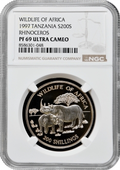 Танзанія 200 шилінгів 1997 р., NGC PF69 UC, "Дика природа Африка - Носоріг"