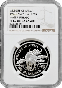 Танзанія 200 шилінгів 1997 р., NGC PF69 UC, "Дика природа Африка - Водяний буйвол"