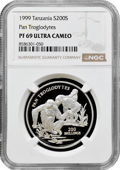 Танзанія 200 шилінгів 1999 р., NGC PF69 UC, "Дика природа Африка - звичайний шимпанзе"