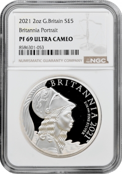 Великобританія 5 фунтів 2021 р., NGC PF69 UC, "Британія, портрет"