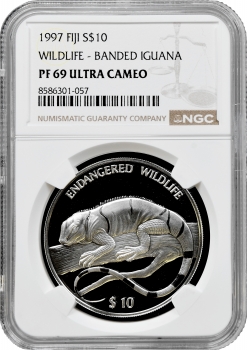 Фіджі 10 доларів 1997 р., NGC PF69 UC, "Вимираючі види - Смугаста ігуана Лау"