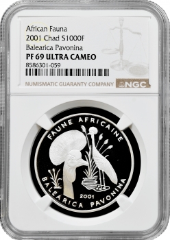Чад 1000 франків 2001 р., NGC PF69 UC, "Африканська фауна - Вінценосний журавель"