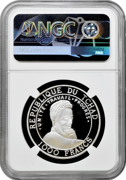 Чад 1000 франків 2001 р., NGC PF69 UC, "Африканська фауна - Вінценосний журавель"