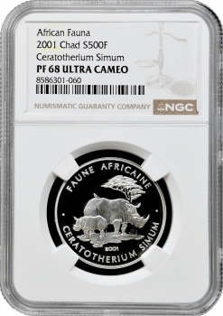 Чад 500 франків 2001 р., NGC PF68 UC, "Африканська фауна - Білий носоріг"
