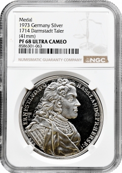 Дармштадт 1 талер 1714 (1973), NGC PF67 UC RESTRIKE, "Ландграфство (1754 - 1807)"