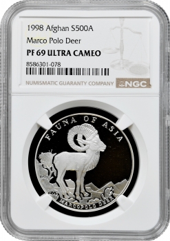 Афганістан 500 афгані 1998 р., NGC PF69 UC, "Фауна Азії - Олень Марко Поло" Top Pop