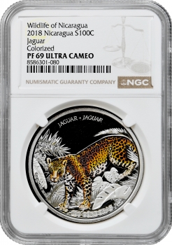Нікарагуа 100 кордоб 2018 р., NGC PF69 UC, "Дика природа Нікарагуа - Ягуар"
