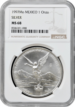 Мексика 1 онза 1997 р. Mo, NGC MS68, "Срібна інвестиційна монета "Свобода"