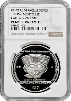 Мексика 5 песо 1993 р., NGC PF69 UC, "Доколумбовий Веракрус - Усміхнене обличчя"
