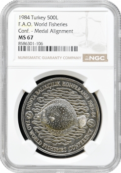 Туреччина 500 лір 1984 р., NGC MS67, "ФАО - Всесвітня конференція з рибного господарства"
