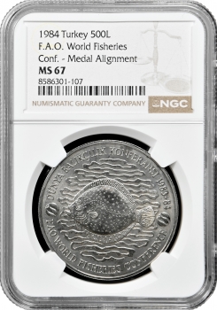 Туреччина 500 лір 1984 р., NGC MS67, "ФАО - Всесвітня конференція з рибного господарства"