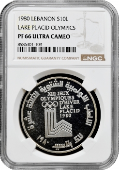 Ліван 10 ліврів 1980 р., NGC PF66 UC, "XIII зимові Олімпійські Ігри, Лейк-Плесід 1980"