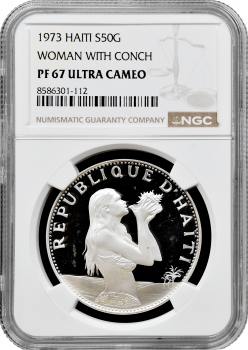 Гаїті 50 гурдів 1973 року, NGC PF67 UC, "Русалка, жінка з раковиною"