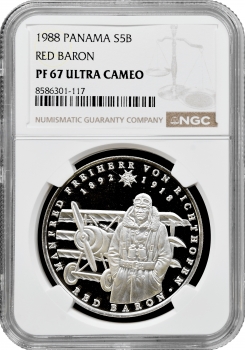Панама 5 бальбоа 1988 р., NGC PF67 UC, "Барон Манфред фон Ріхтгофен"